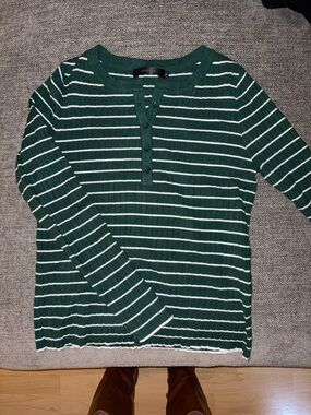 Zesica Green Striped Long Sleeve Henley Top